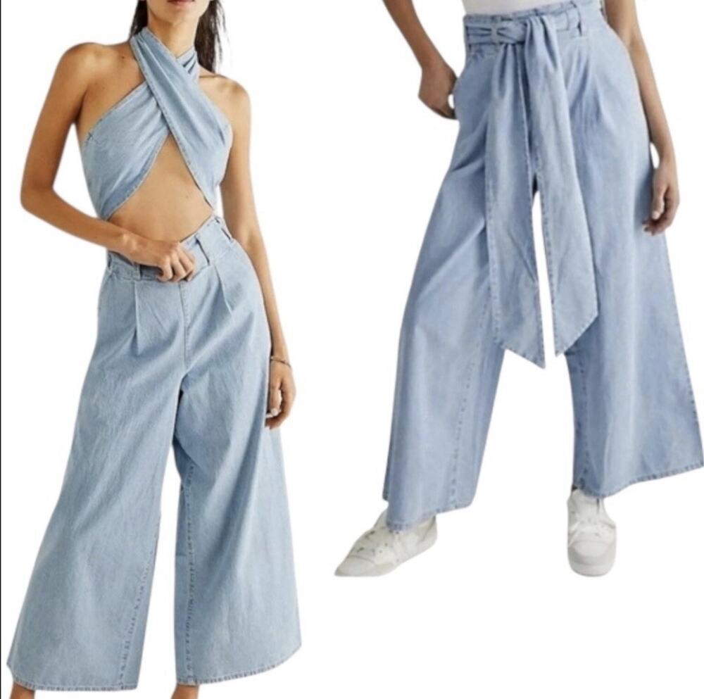 FREE PEOPLE Sz S SASHA CONVERTIBLE WIDE LEG JEANS TO CUTOUT WRAP JUMPSUIT